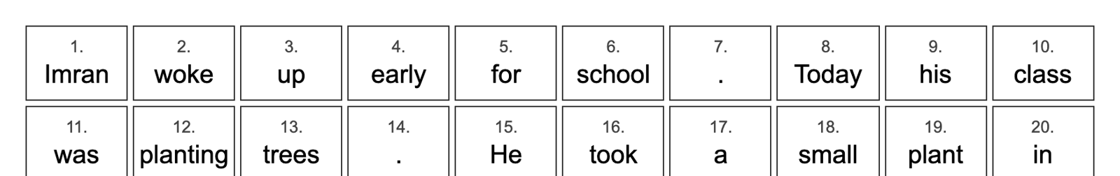 First two rows of the English story grid, showing numbered boxes and full stops in their own boxes
