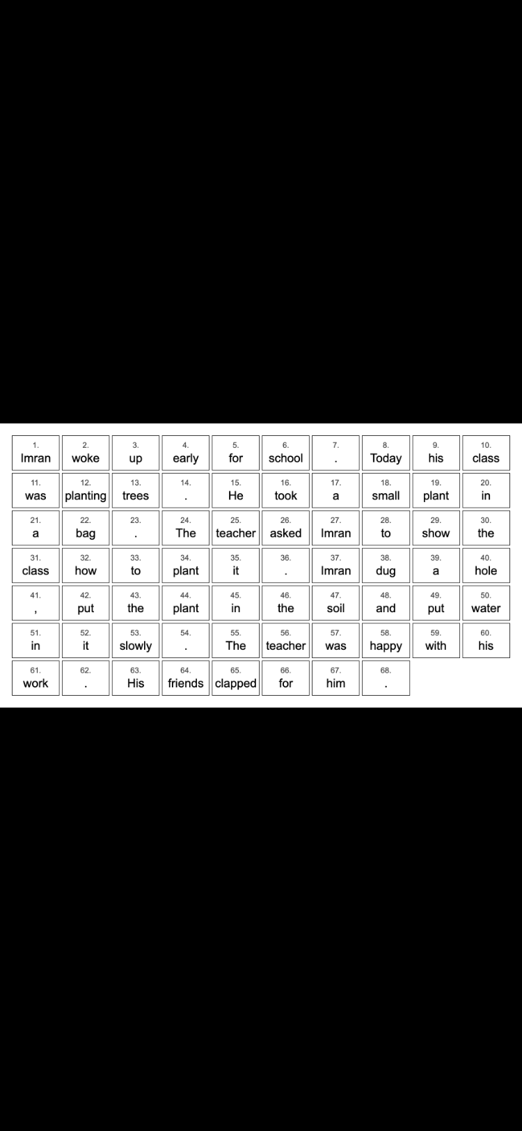 The English story grid at true size on a phone held upright